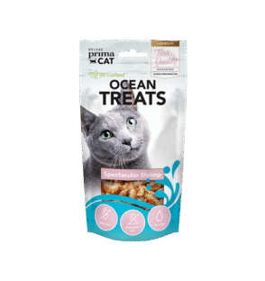 Paquete de golosinas para gatos "Ocean Treats" de Prima Cat, sabor camarón espectacular, 100% natural, sin granos, bajo en grasa y con ingredientes de alta calidad. Ideal para consentir a tu mascota.