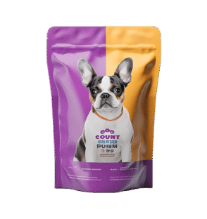 Paquete de comida para perros con diseño colorido, mostrando un perro bulldog francés en la parte frontal. Ideal para mascotas, con un enfoque en la nutrición y el bienestar canino.