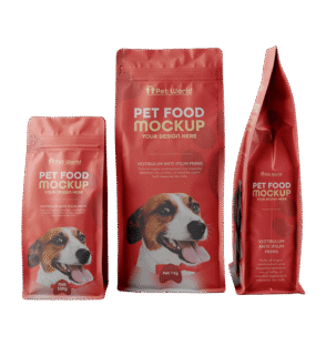 Tres envases de comida para mascotas de la marca Pet World, con diseño atractivo en color rojo. Incluyen un paquete de 500 g, uno de 1 kg y un envase en posición vertical, todos con ilustraciones de un perro sonriente. Ideal para mostrar opciones de presentación de alimentos para mascotas.