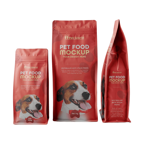 Tres envases de comida para mascotas de la marca Pet World, con diseño atractivo en color rojo. Incluyen un paquete de 500 g, uno de 1 kg y un envase en posición vertical, todos con ilustraciones de un perro sonriente. Ideal para mostrar opciones de presentación de alimentos para mascotas.