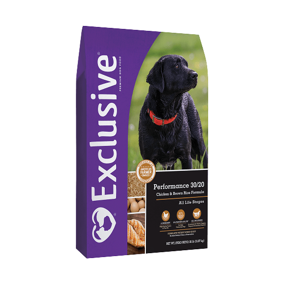 Saco de comida para perros Exclusive Performance 30/20, fórmula de pollo y arroz integral, adecuada para todas las etapas de la vida. Ideal para mantener la energía y salud de los perros activos.