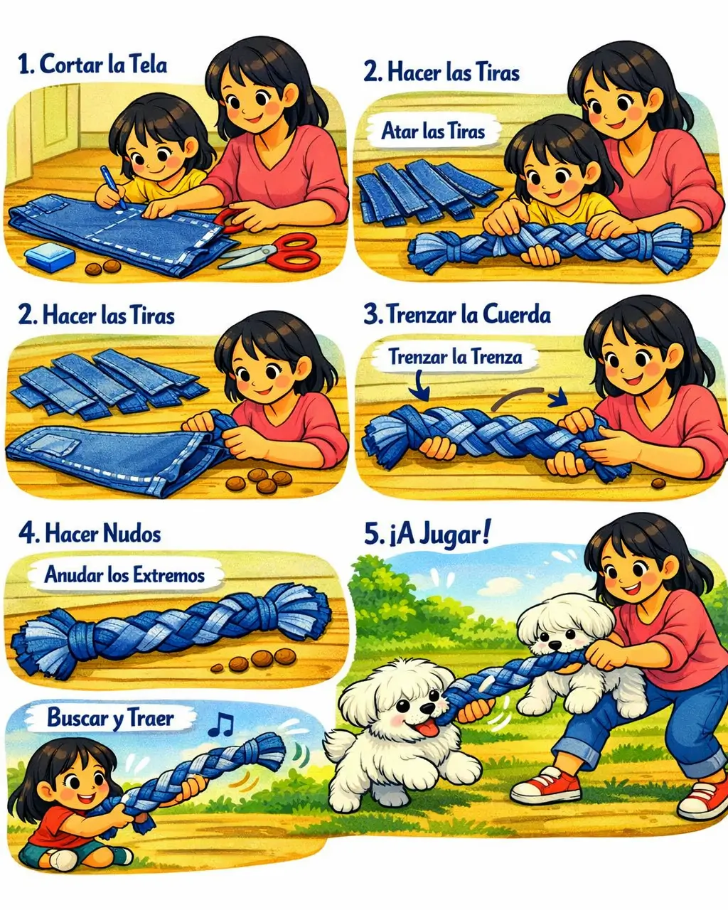 Instrucciones visuales para hacer un juguete de tira para perros utilizando tela reciclada. Incluye pasos como cortar la tela, atar las tiras, trenzar la cuerda, anudar los extremos y jugar con los perros. Ideal para actividades creativas en familia.