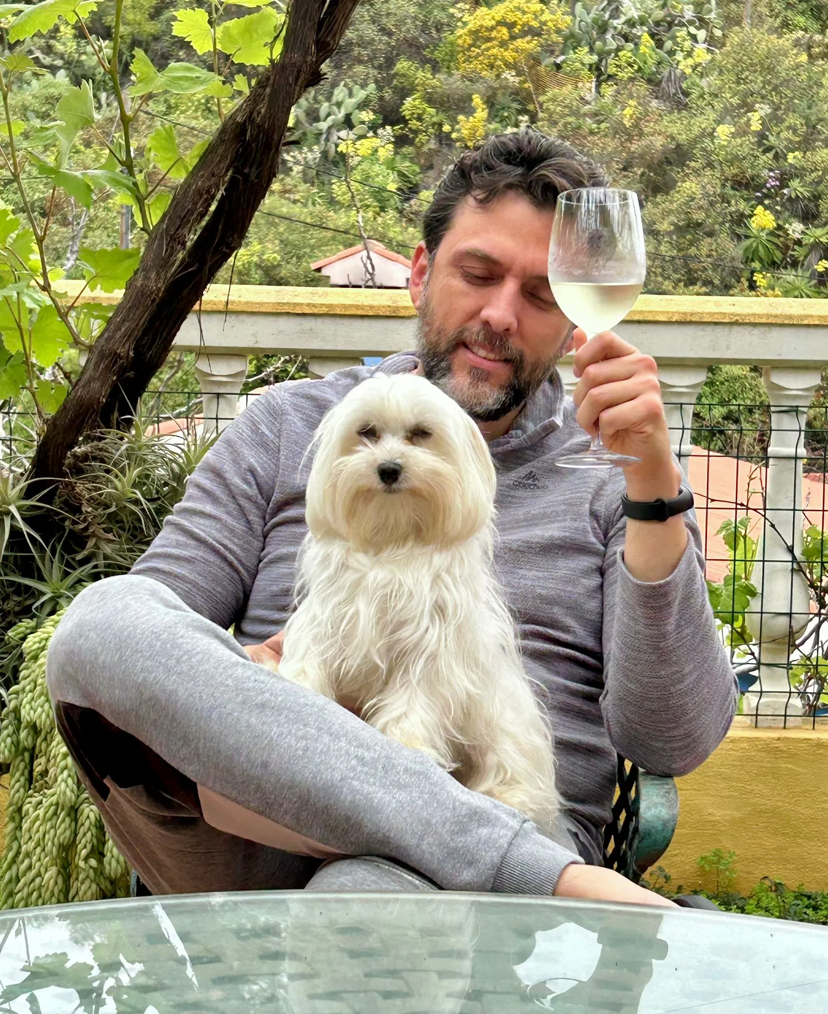 Hombre sentado en un patio con un perro pequeño en su regazo, sosteniendo una copa de vino blanco, rodeado de plantas y un ambiente natural.