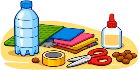 Materiales de manualidades sobre una mesa, incluyendo una botella de plástico, tijeras rojas, pegamento, cinta adhesiva, y varias hojas de papel de colores. Ideal para proyectos creativos y actividades infantiles.