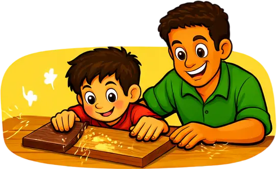 Padre e hijo disfrutando de una actividad de carpintería, trabajando juntos en un banco de madera, sonriendo y aprendiendo habilidades manuales.