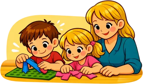 Niños y su madre disfrutando de una actividad manual, plegando telas de colores sobre una mesa.