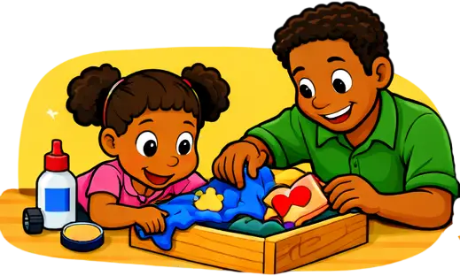 Niña y adulto disfrutando de una actividad creativa de manualidades, con materiales como pegamento, tijeras y tela en una caja, fomentando la interacción y el aprendizaje a través del juego.