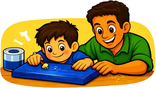Padre e hijo trabajando juntos en un proyecto de manualidades, utilizando herramientas y materiales en una mesa de trabajo, fomentando la creatividad y el aprendizaje práctico.