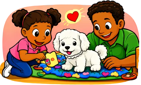 Niña y niño jugando con un perro blanco sobre una manta colorida, mientras decoran con formas y colores. Fondo alegre con un corazón.